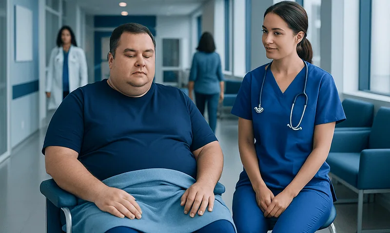 Patient in hospital gown with nurse in hospital corridor.