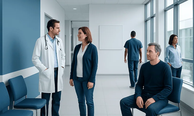 Doctor and patient in hospital corridor discussing health matters.