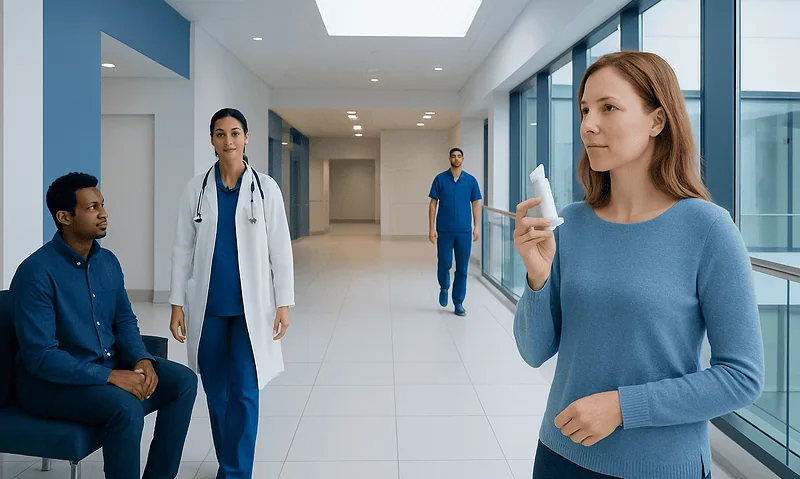 Patient holding inhaler in hospital corridor with medical staff nearby.