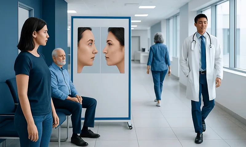 Patient consultation at Acibadem Hospital with medical staff and diagnostic imaging.