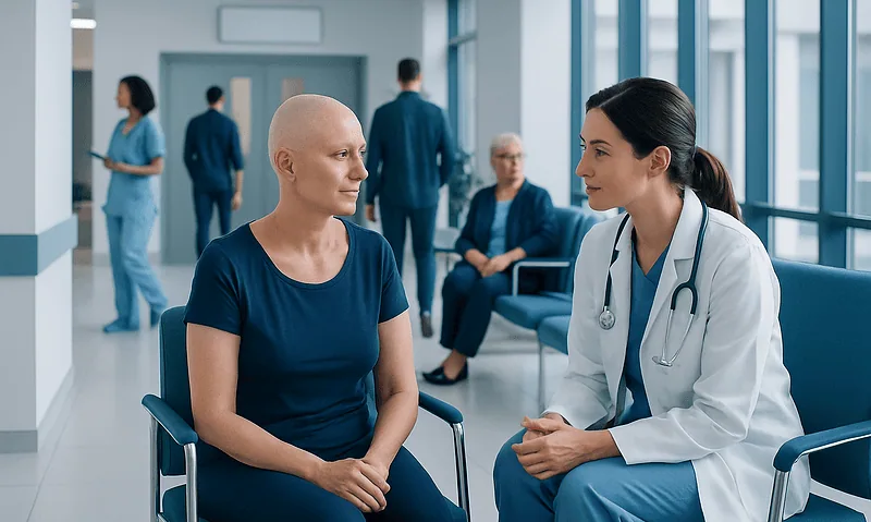 Patient consulting with doctor in hospital corridor.
