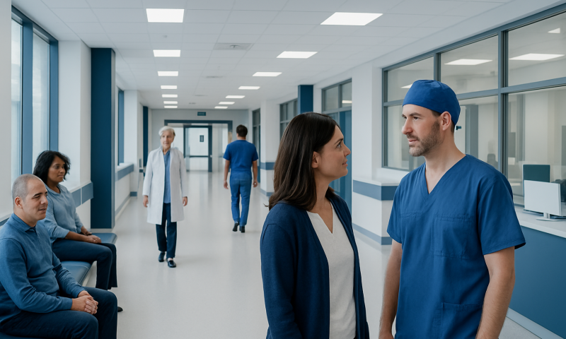 Medical team discussing patient care in hospital corridor.
