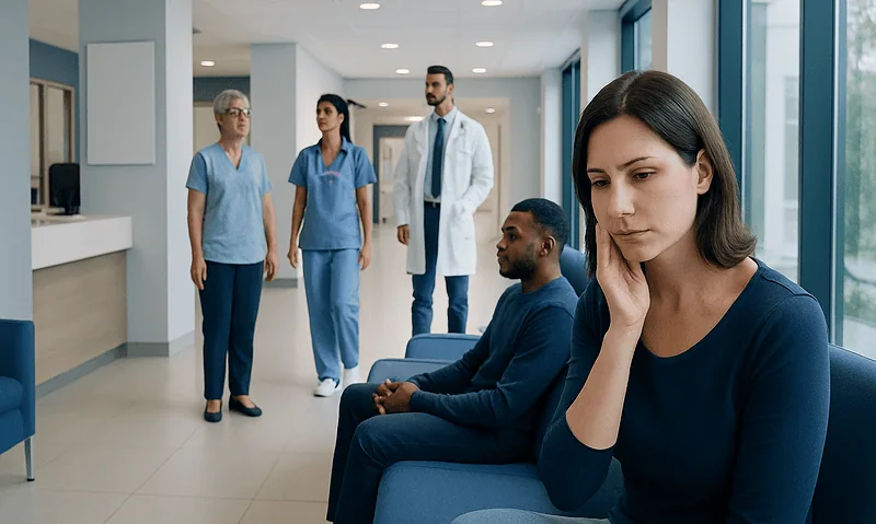 Patients waiting in a hospital corridor with medical staff nearby.