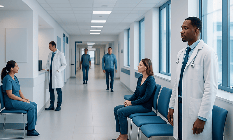 Medical professionals and patients in a hospital corridor.