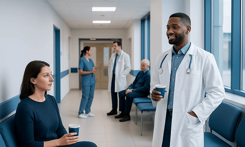 Healthcare professionals and patient in hospital corridor with coffee cups.