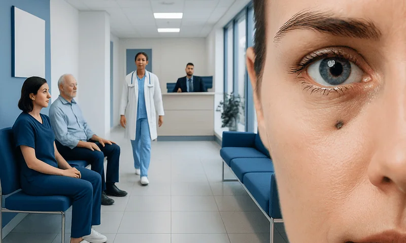 Close-up of a woman's eye with a mole in a hospital setting.