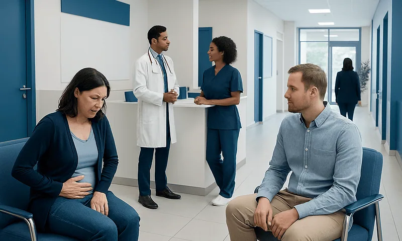 Patient experiencing bladder pain during a medical consultation at Acibadem Hospital.