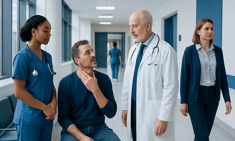 Doctor consulting patient with medical staff in hospital corridor.