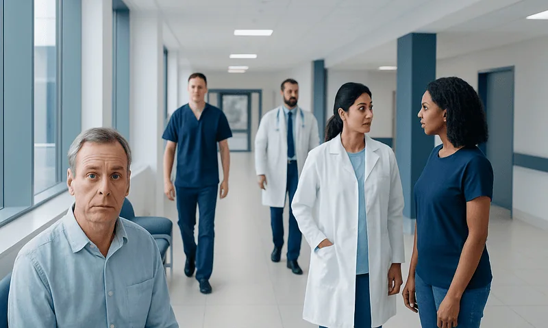Medical team discussing patient care in hospital corridor.