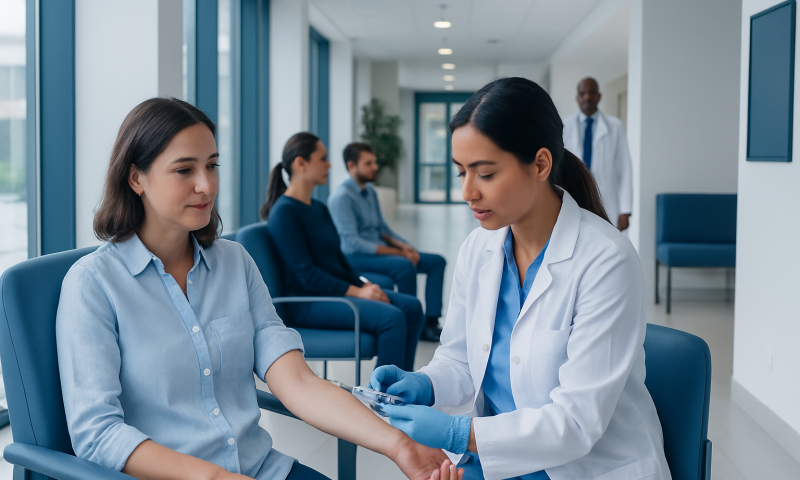 Blood Screening for Celiac Disease: How It Works, Results and What to Expect 4 Medical professional performs blood test on patient in hospital corridor.