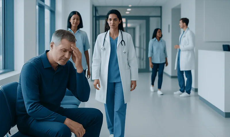 Patient experiencing headache in hospital corridor with medical staff nearby.