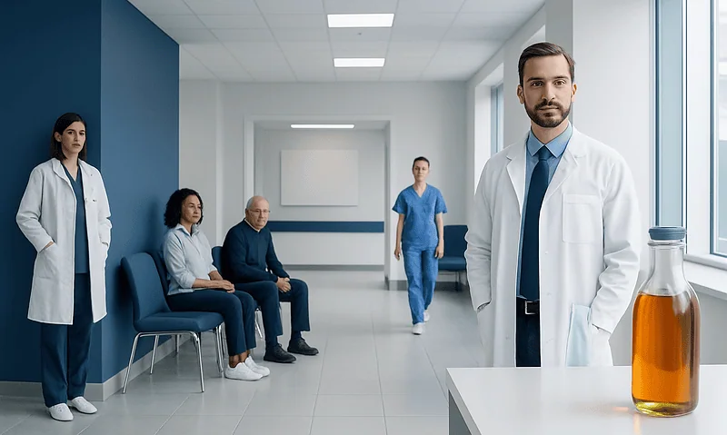 Medical professionals in a hospital corridor with a focus on a doctor and a bottle of syrup.