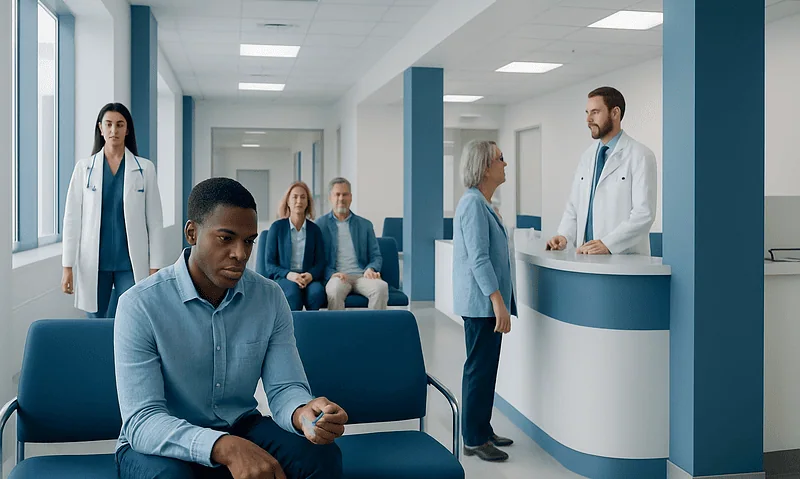 Patients waiting in a modern hospital reception area with medical staff present.