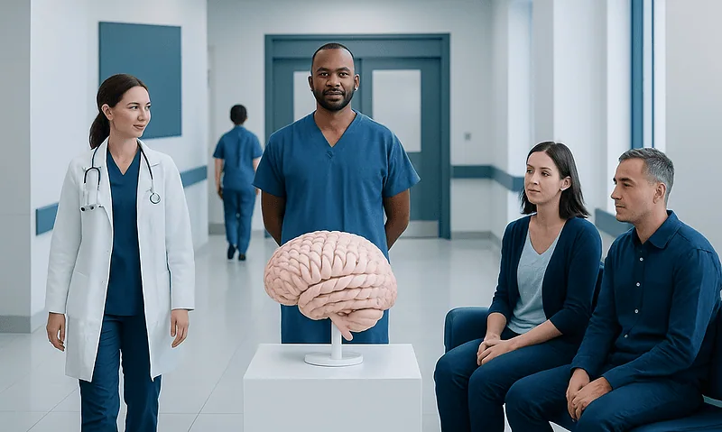 Medical team discussing brain surgery in hospital corridor with brain model.