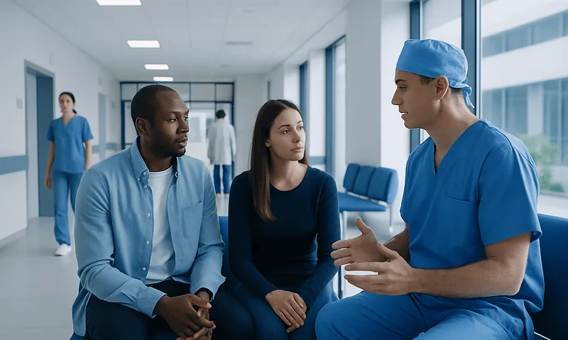 Doctor explaining treatment options to patients in hospital corridor.