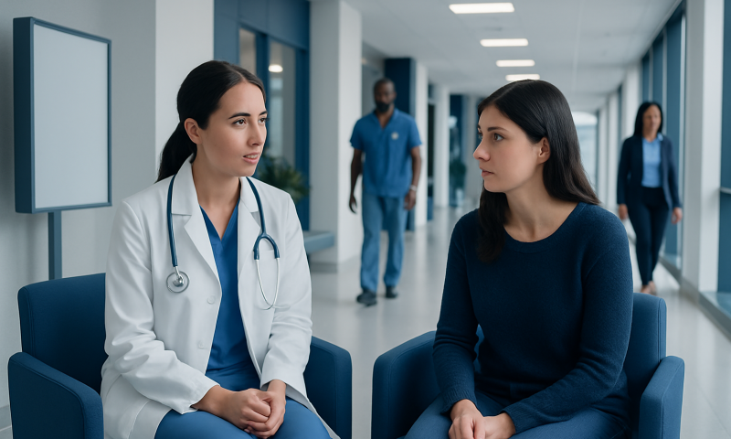 Breast Biopsy Results: Procedure, Recovery and Results 6 Doctor consulting patient in hospital corridor for breast biopsy results.