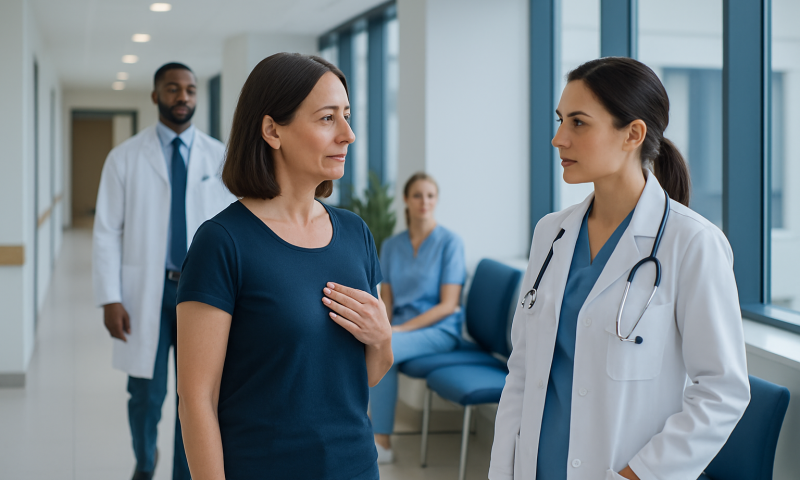 Patient speaking with doctor in hospital corridor during consultation.