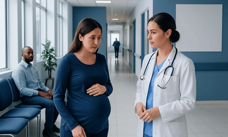 Pregnant woman consulting with a doctor in a hospital corridor.