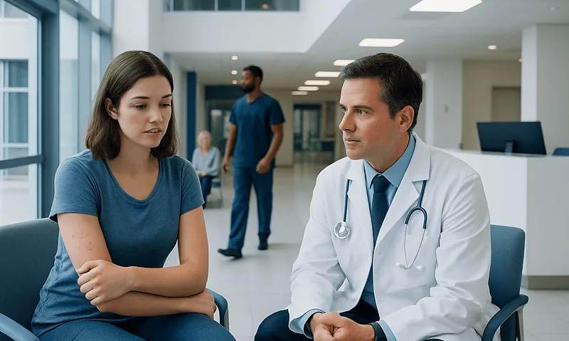 Doctor consulting with a young woman in a hospital lobby.
