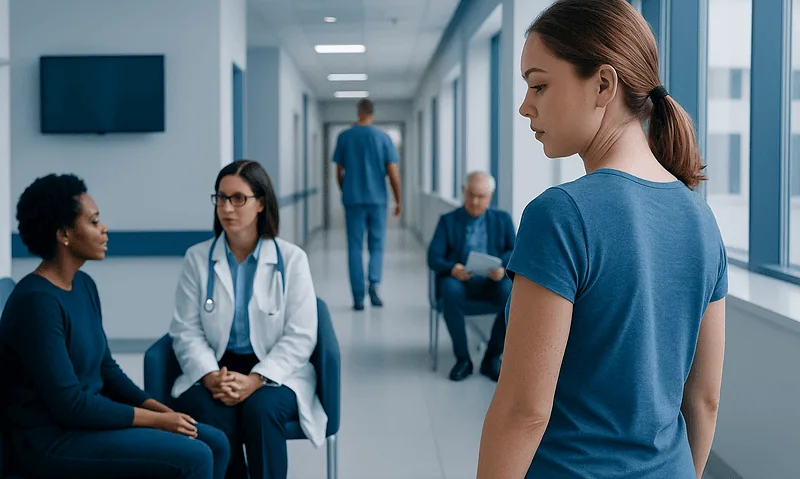 Medical consultation in hospital corridor with healthcare professionals and patient.
