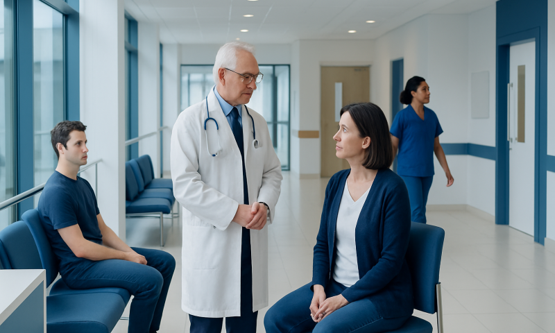 Doctor consulting with female patient in hospital corridor.