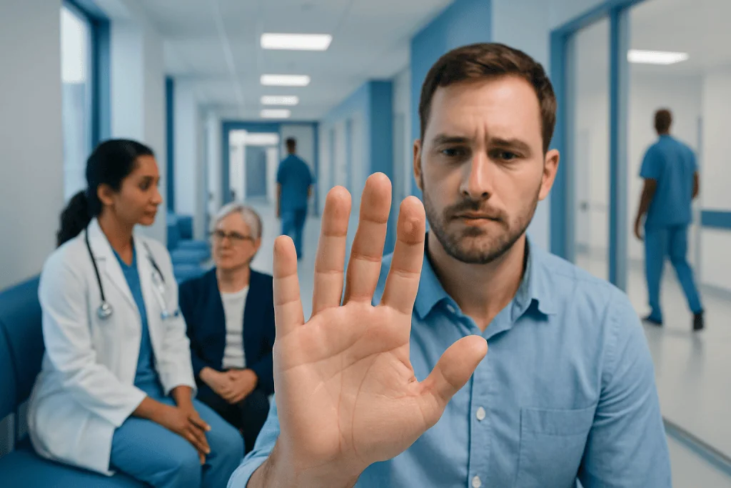 Man refusing to touch in a hospital corridor with medical staff in the background.
