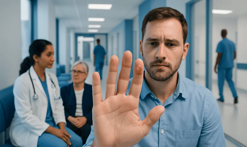 Man refusing to touch in a hospital corridor with medical staff in the background.