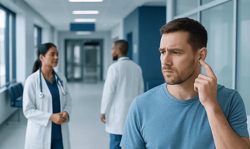 Man experiencing ear discomfort in a hospital corridor with medical staff nearby.