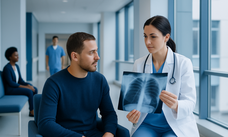 Doctor explaining chest X-ray to patient in hospital corridor.