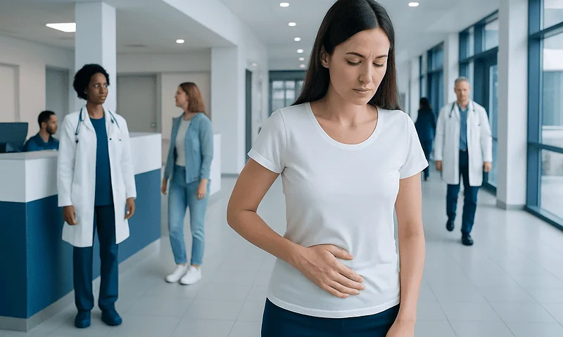 Young woman with groin pain in hospital corridor, medical staff in background.