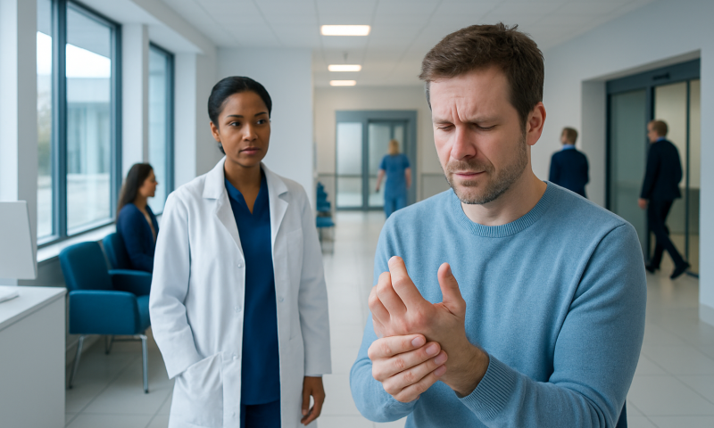 Man experiencing thumb pain in a hospital corridor with a doctor nearby.