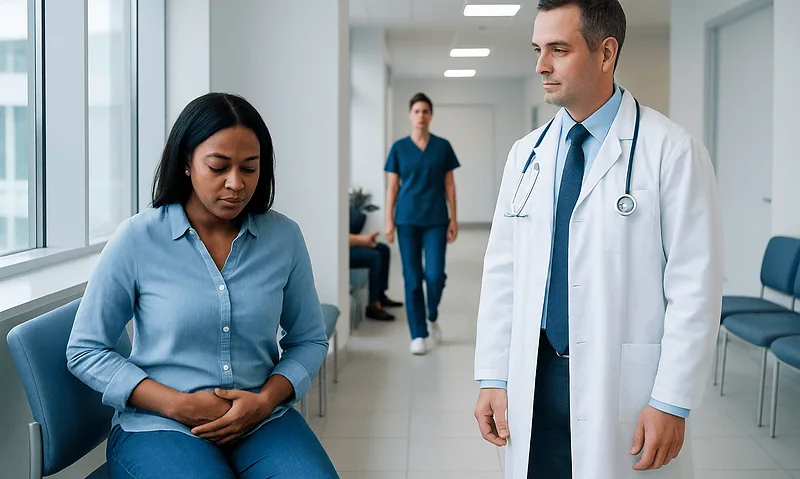 Doctor talking to a woman patient in a hospital corridor.