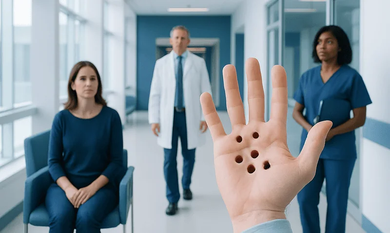 Medical consultation on hand with holes in palm for treatment or diagnosis.