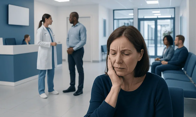 Woman with facial pain in a hospital waiting area.