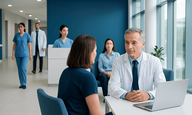 Doctor consulting patient in a modern hospital setting with medical staff in background.