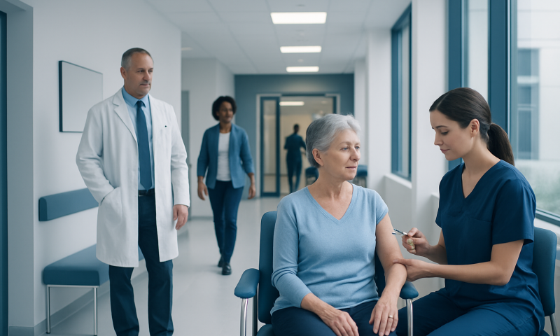 Doctor consulting with elderly patient in hospital corridor.