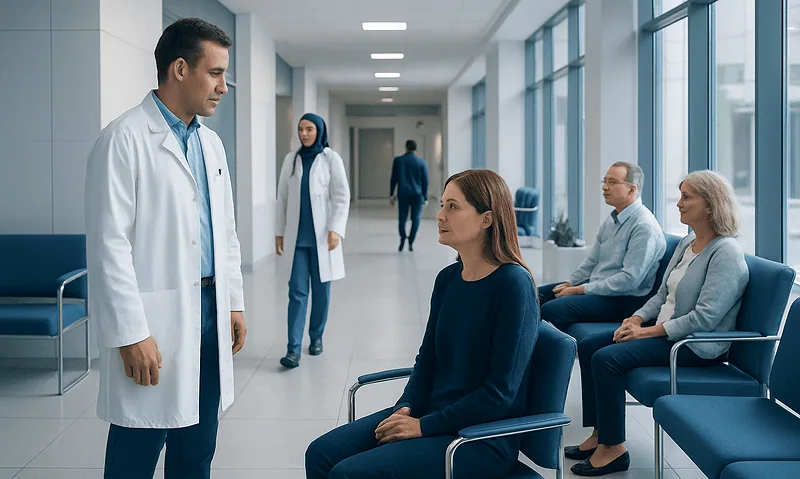 Doctor consulting female patient in hospital corridor with waiting area.