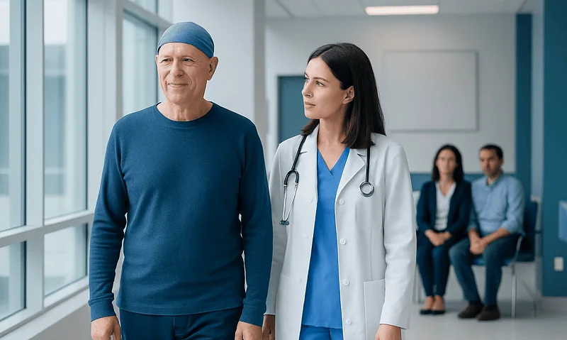 Cancer Survivorship Treatment: How It Works, Results and What to Expect 6 Doctor and patient walking in hospital corridor with waiting patients in background.