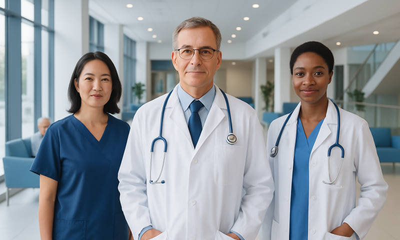 Medical team of doctors and nurses in hospital lobby.
