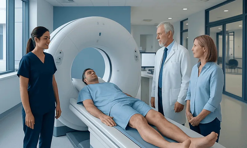 Patient undergoing abdominal CT scan at Acibadem Hospital.