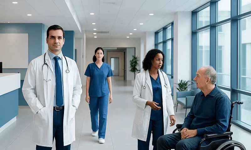 Medical team consulting with patient in hospital corridor.