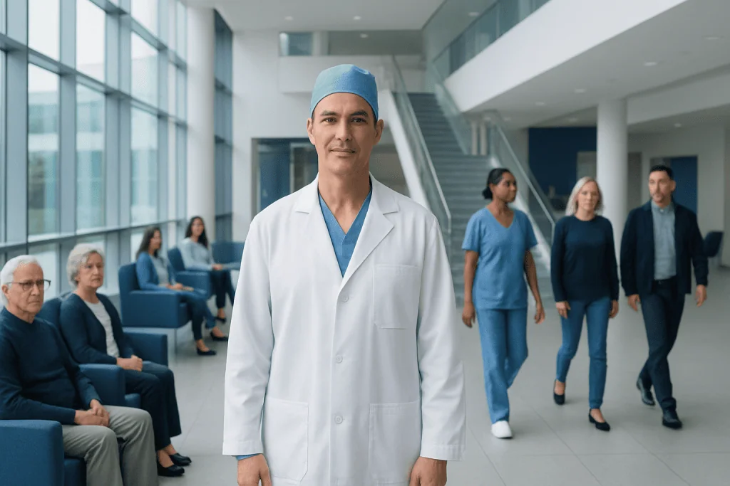 Cardiothoracic Surgeon Employment: An Evidence-Based Patient Guide 1 Cardiothoracic surgeon in hospital lobby with patients and staff.