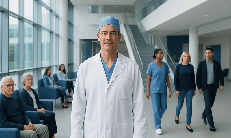Cardiothoracic surgeon in hospital lobby with patients and staff.