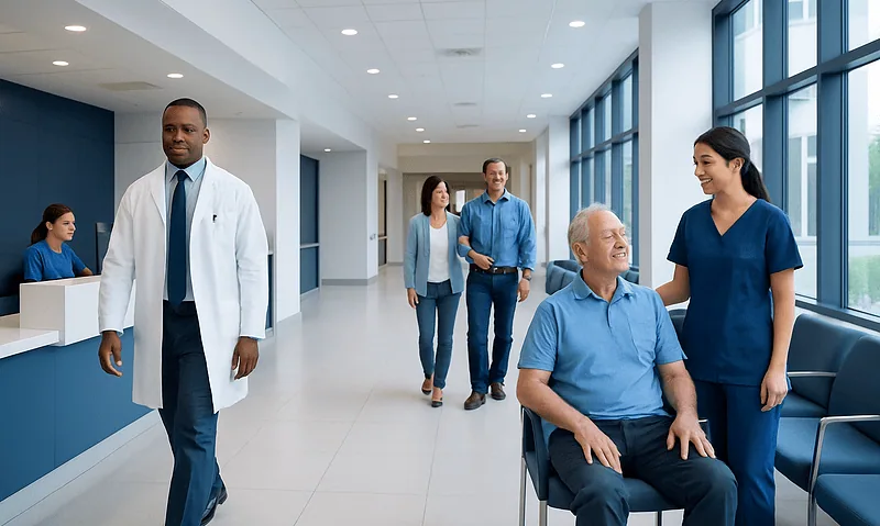Hospital corridor with medical staff and patient in waiting area.