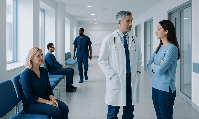 Doctor consulting with a patient in a hospital corridor with other patients nearby.