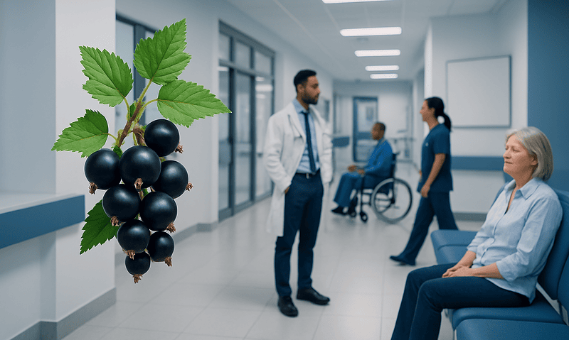 Medical staff and patients in hospital corridor with a superimposed black grape cluster.