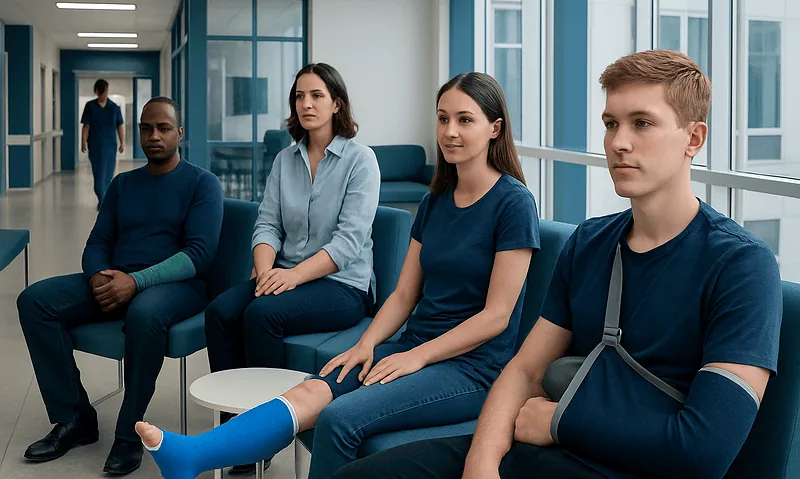 Patients waiting in a hospital corridor, some with leg injuries and casts.