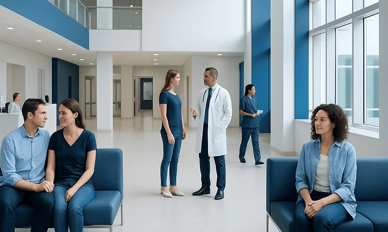 Patients and doctor in a modern hospital lobby with large windows.