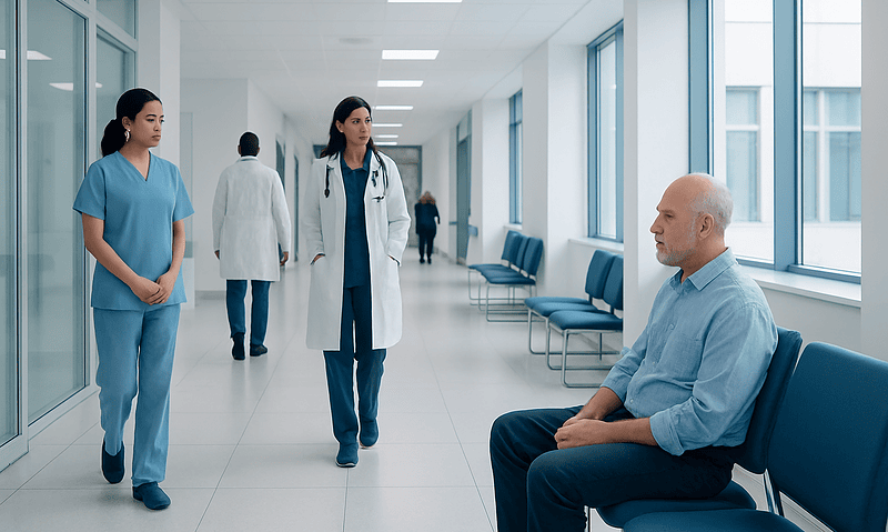 Medical professionals consulting with a patient in a hospital corridor.