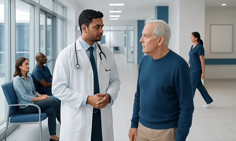 Doctor consulting an elderly patient in a hospital corridor.